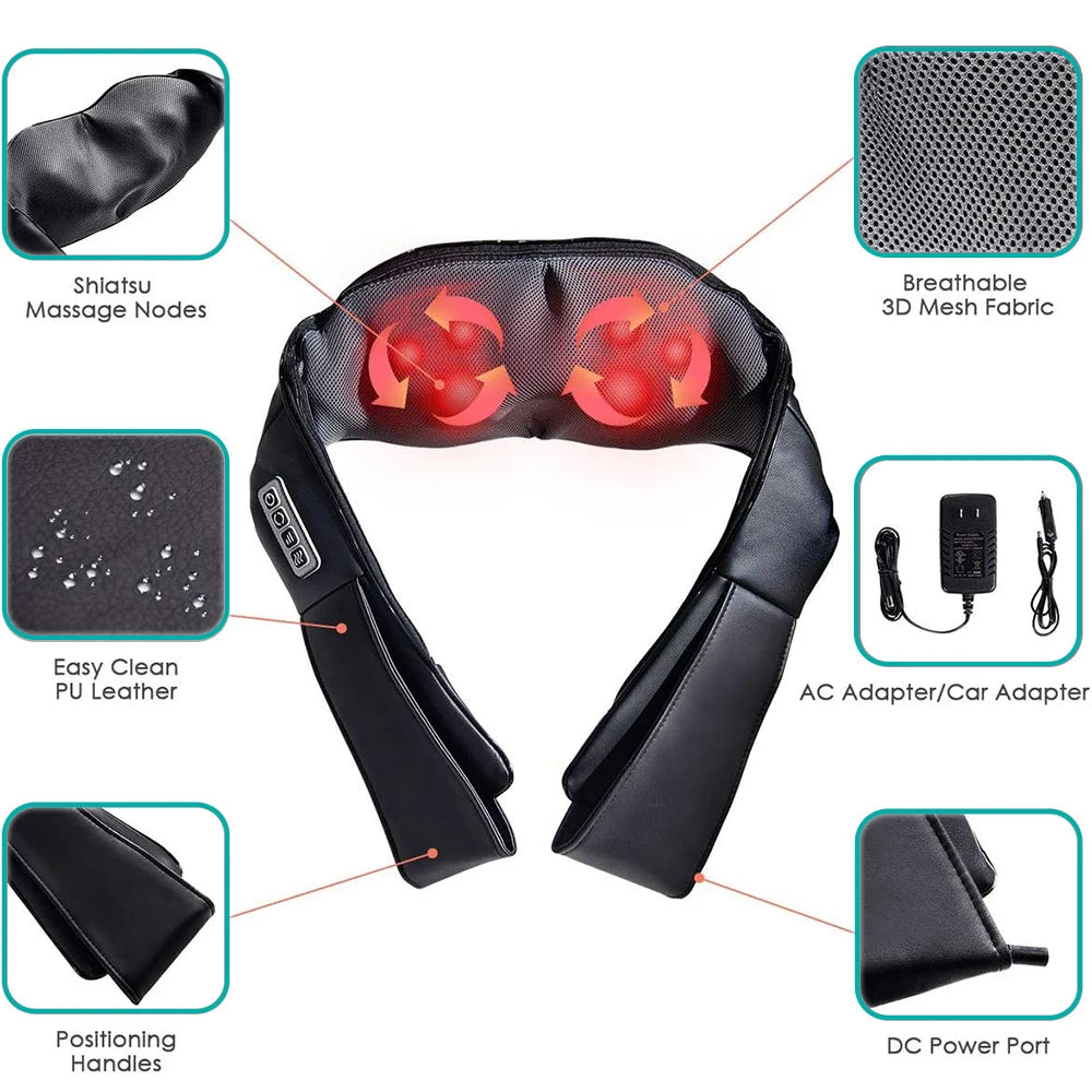 Wireless Shiatsu Neck and Back Massager Neck and Shoulder Kneading Massage Shawl Neck Cervical Relaxing Trapezius Massager